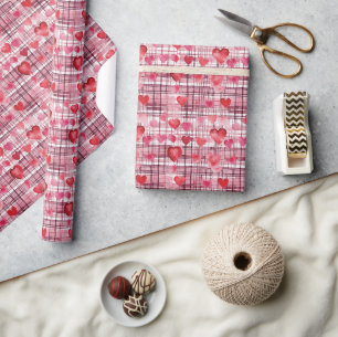 Modern Tartan Red Heart Pattern Wrapping Paper