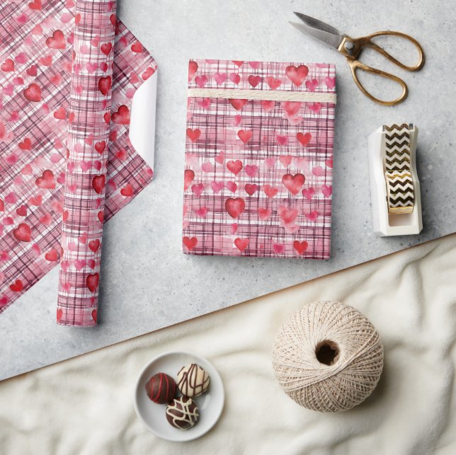 Modern Tartan Red Heart Pattern   Wrapping Paper (Crafts)