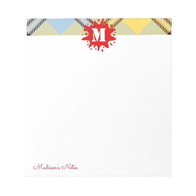 Modern Tartan Red Splash Custom Script Monogram Notepad (Front)