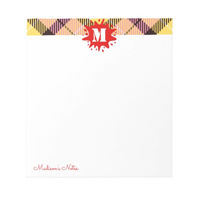 Modern Tartan Red Splash Custom Script Monogram Notepad (Front)