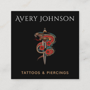 Modern Tattoo & Piercing Floral Snake & Knight Square Business Card