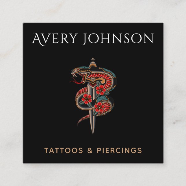 Modern Tattoo & Piercing Floral Snake & Knight  Square Business Card (Front)