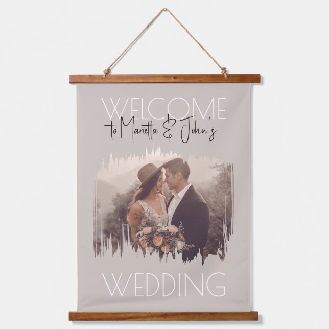   Modern Taupe Add Your Photo Wedding Welcome Sign Hanging Tapestry (Front)