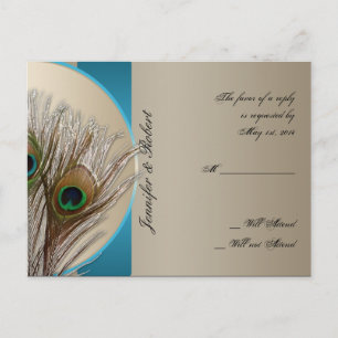 Modern Taupe Aqua Peacock Feather RSVP Postcard