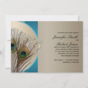 Modern Taupe Aqua Peacock Wedding Invitation