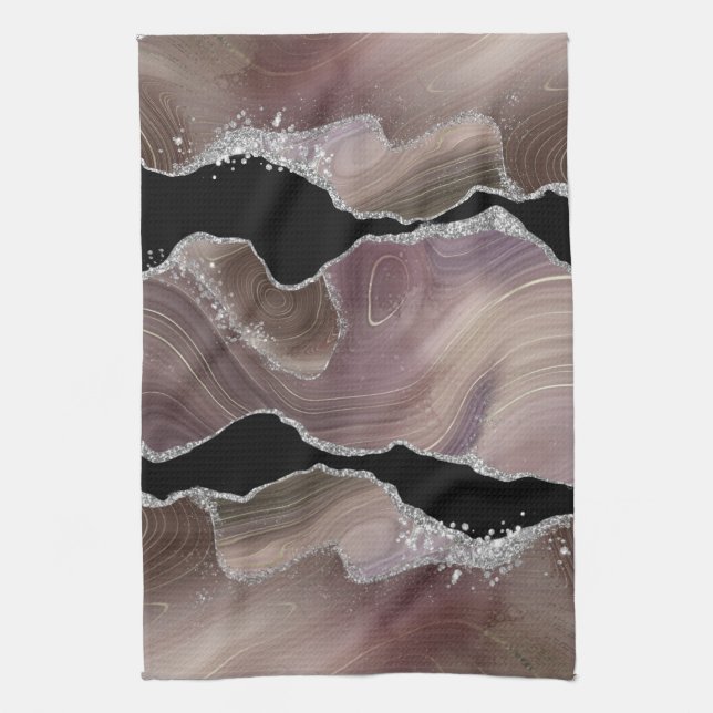 Modern Taupe & Black Agate Silver Earth Tone Tea Towel (Vertical)