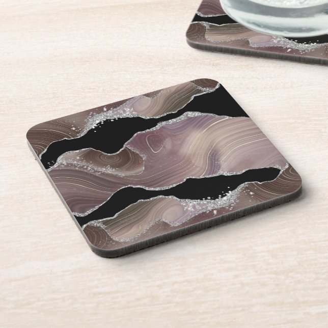Modern Taupe & Black Agate Silver Glitter Coaster (Left Side)