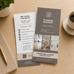 Modern Taupe Cleaning Services with QR Rack Card