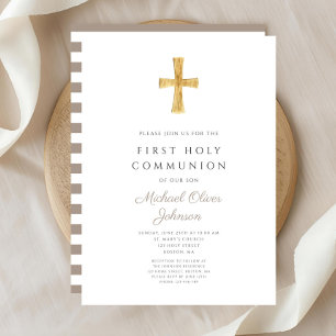 Modern Taupe Cross Boy First Communion Invitation