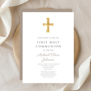Modern Taupe Cross Boy Holy Communion Invitation
