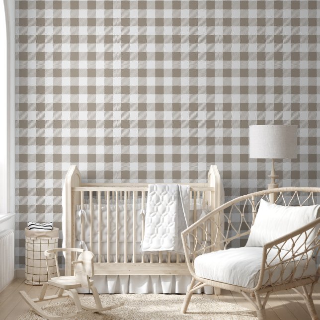 Modern Taupe Gingham Checks  Wallpaper (Kids)