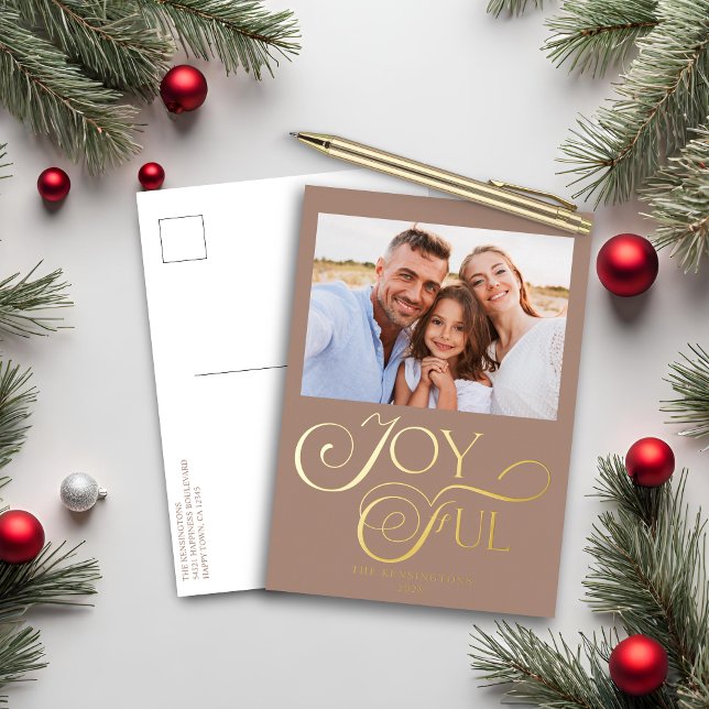 Modern Taupe Joyful Christmas Holiday Foil Photo (Creator Uploaded)
