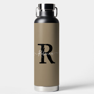 Modern Taupe Monogram Script Name  Water Bottle