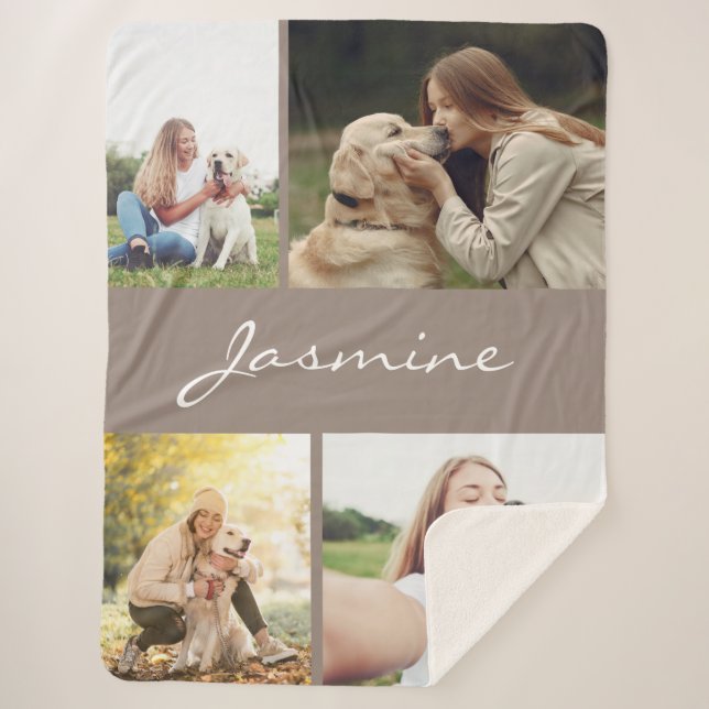 Modern Taupe Photo Collage Dog Sherpa Blanket (Front)
