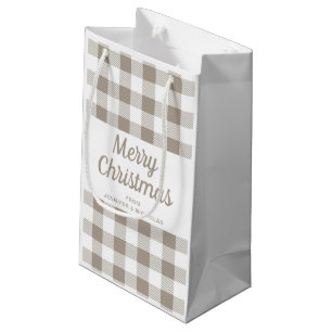 Modern Taupe Plaid Merry Christmas Small Gift Bag