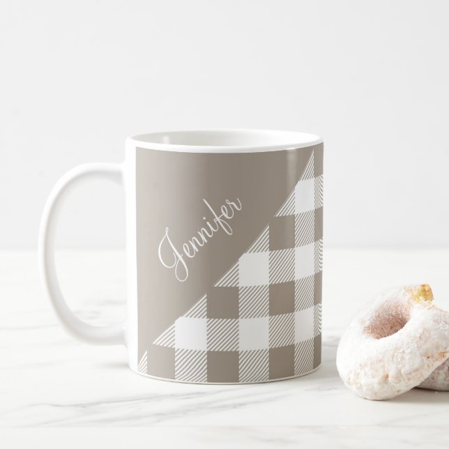 Modern Taupe Plaid Pattern Name Coffee Mug (With Donut)