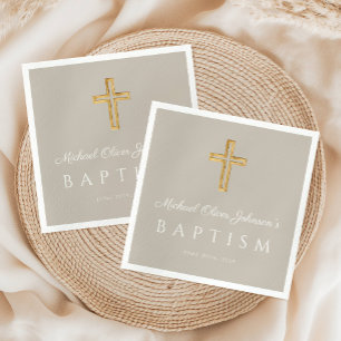 Modern Taupe Religious Cross Baptism Napkin