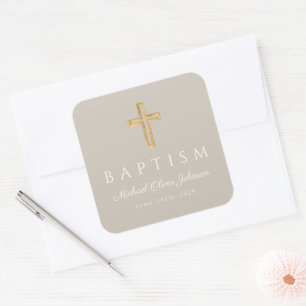 Modern Taupe Religious Cross Baptism Square Sticker