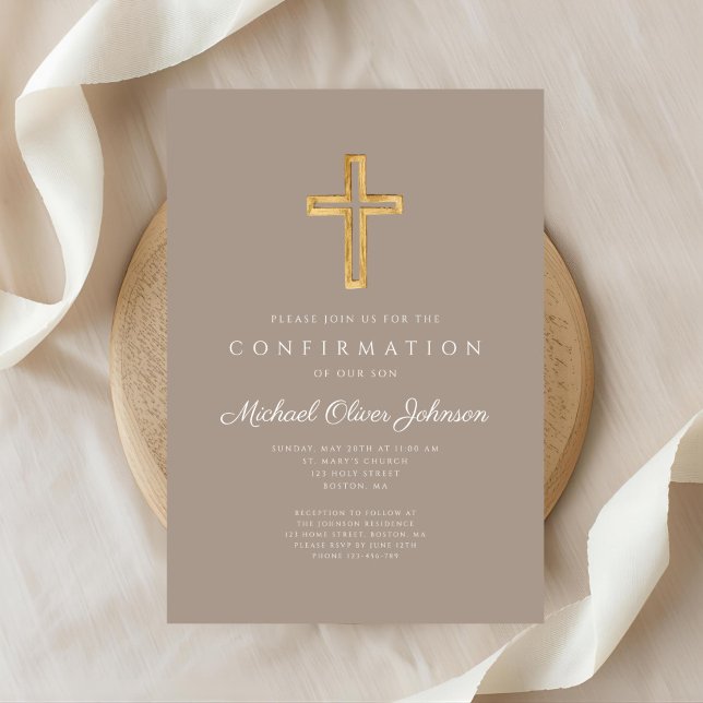 Modern Taupe Religious Cross Boy Confirmation Invitation (Modern Taupe Religious Cross Boy Confirmation Invitation)