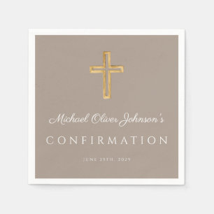 Modern Taupe Religious Cross Boy Confirmation Napkin