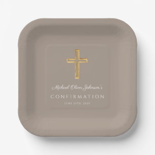 Modern Taupe Religious Cross Boy Confirmation Paper Plate