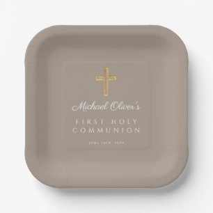 Modern Taupe Religious Cross First Communion Paper Plate