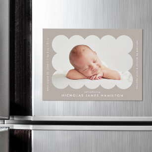 Modern Taupe Scalloped Photo Birth Announcement