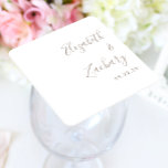 Modern Taupe Script Wedding Square Paper Coaster<br><div class="desc">These simple,  modern wedding coaster favours feature taupe text aligned to the right margin on a white background. Add the couple's names in stylish handwriting calligraphy.</div>