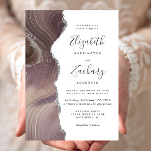 Modern Taupe Silver Agate Wedding Invitation