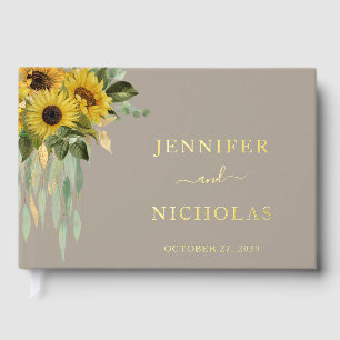 Modern Taupe Sunflower Wedding Gold Guest Book