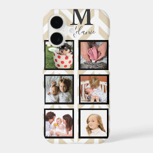Modern Taupe White Herringbone 6 Photo & Monogram