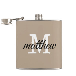 Modern Taupe & White Name Monogram Personalized Hip Flask