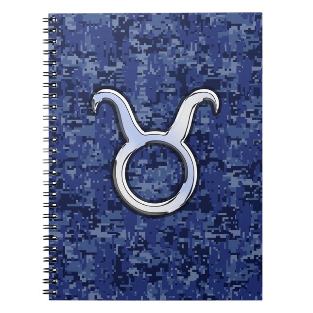 Modern Taurus Zodiac Sign Blue Digital Camouflage Spiral Notebook (Front)