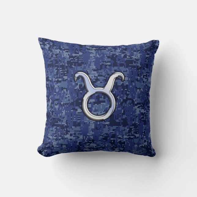 Modern Taurus Zodiac Sign Navy Blue Digital Camo Cushion (Front)