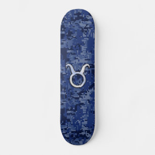 Modern Taurus Zodiac Sign Navy Blue Digital Camo Skateboard