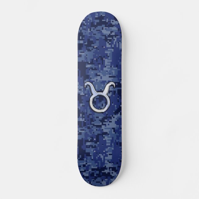 Modern Taurus Zodiac Sign Navy Blue Digital Camo Skateboard (Front)