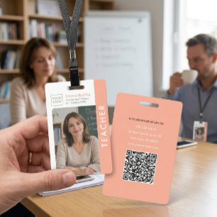 Modern Teacher ID Badge with Photo, Logo & QR Code