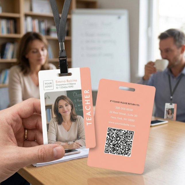 Modern Teacher ID Badge with Photo, Logo & QR Code (Creator Uploaded)