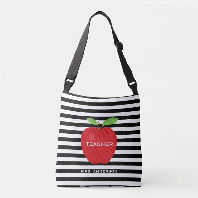 Modern Teacher Red Apple Horizontal Stripe Crossbody Bag (Front)