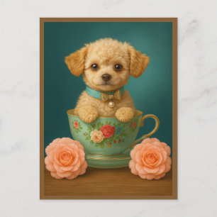 Modern Teacup Poodle Puppy Dog Portrait Roses Art Holiday Postcard