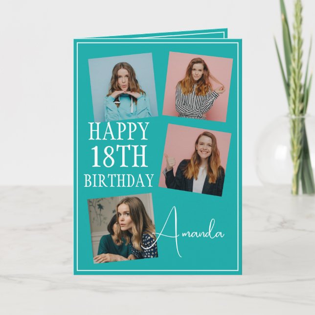 Modern Teal 4 Photo Collage 18th Birthday Card (Front)