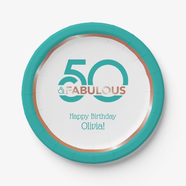 Modern Teal 50 and Fabulous Fifty Birthday Party Paper Plate (Front)