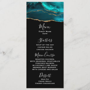Modern Teal Agate & Gold Ribbon on Black Menu Invitation