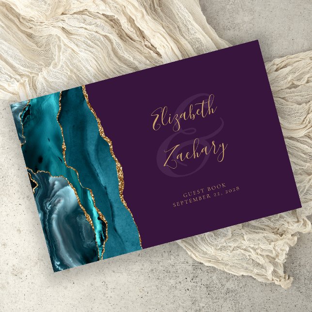 Modern Teal Agate Gold Script Purple Guest Book (Creator Uploaded)