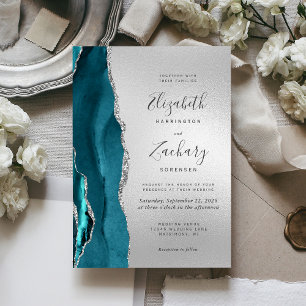Modern Teal Agate Silver Wedding Invitation