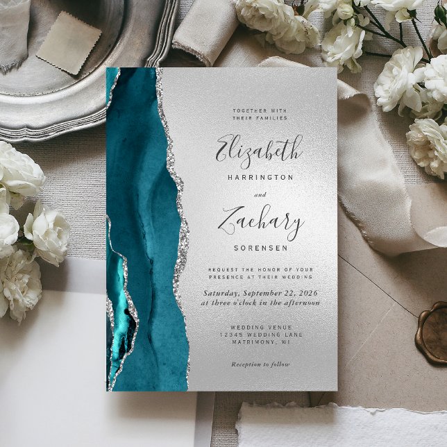 Modern Teal Agate Silver Wedding Invitation (Creator Uploaded)
