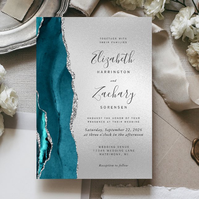 Modern Teal Agate Silver Wedding Invitation (Creator Uploaded)