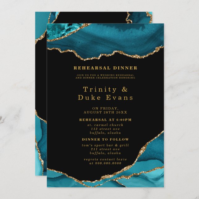Modern Teal and Gold Agate Stone Rehearsal Dinner Invitation (Front/Back)