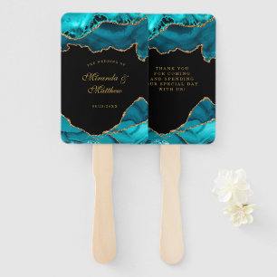 Modern Teal and Gold Agate Stone Wedding  Hand Fan