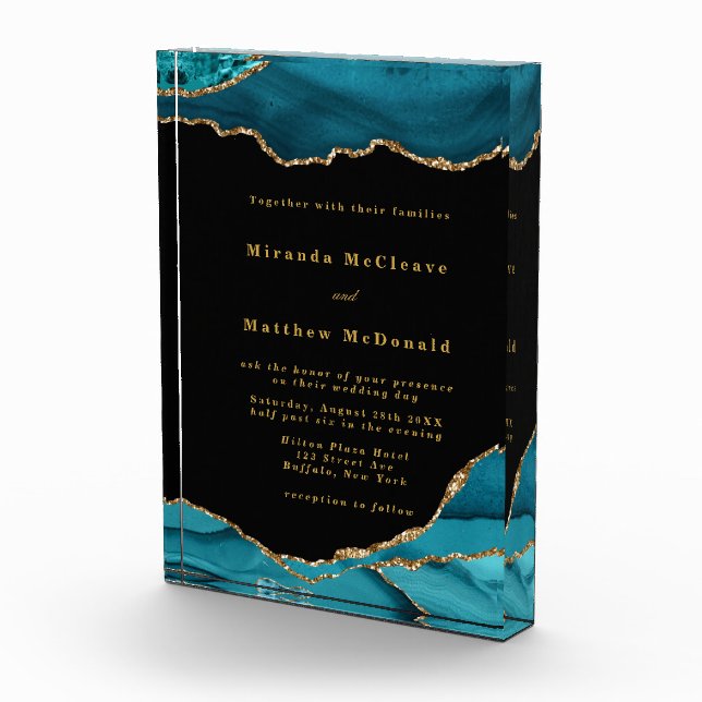 Modern Teal and Gold Agate Stone Wedding Invite Photo Block (Right)